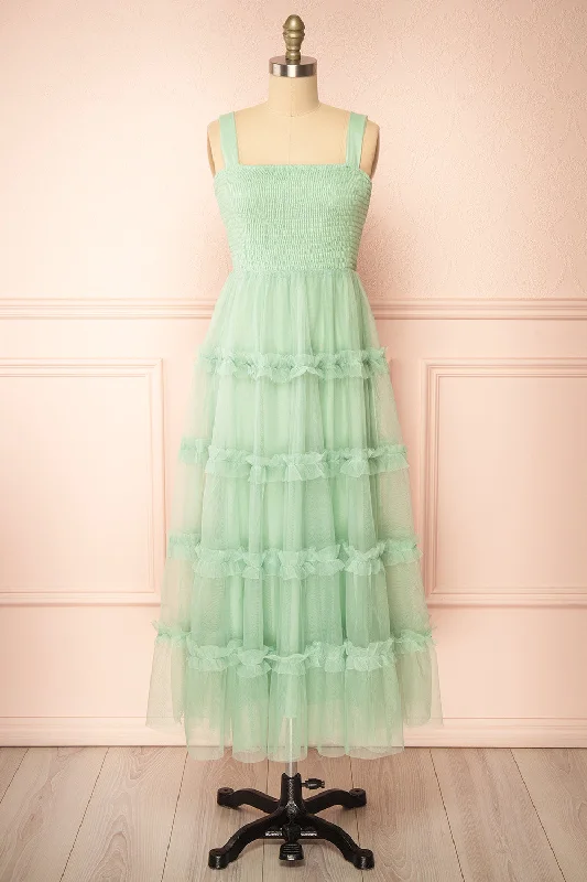 Maxi - inspired midi dresses with flowing fabrics for a beachy vibe Musai Green | Long Dress w/ Ruched Top Maxi - inspired midi dresses with flowing fabrics for a beachy vibe Musai Green | Long Dress w/ Ruched Top
