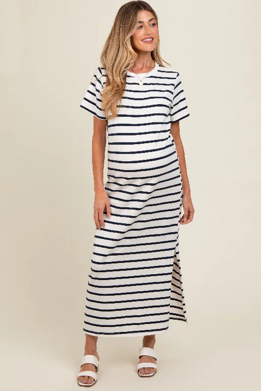 Maternity dress for work in a professional style Navy Striped Side Slit Maternity Maxi Dress Maternity dress for work in a professional style Navy Striped Side Slit Maternity Maxi Dress
