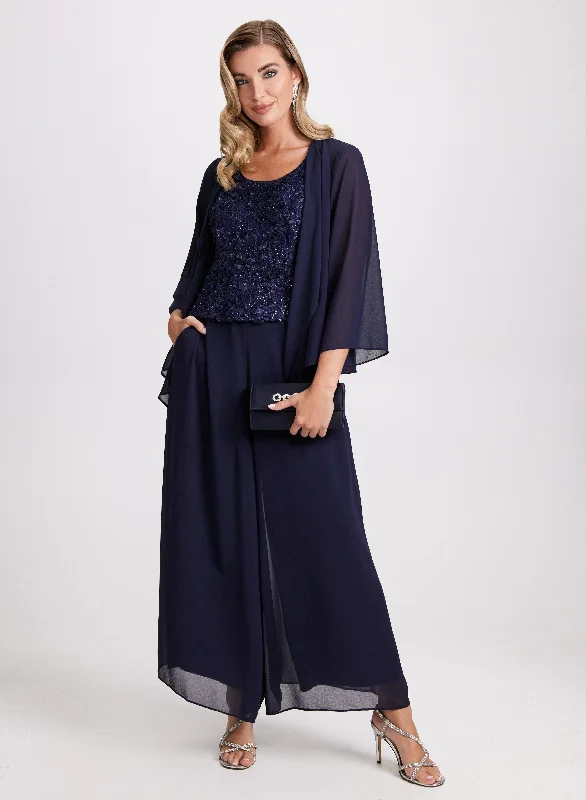 Midi dresses with bow accents for a sweet and charming look Chiffon Jumpsuit & Jacket Set Midi dresses with bow accents for a sweet and charming look Chiffon Jumpsuit & Jacket Set