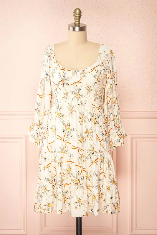 Midi dresses with geometric cutouts for a contemporary and edgy look Maelis | Short Ivory Floral Dress w/ 3/4 Sleeves Midi dresses with geometric cutouts for a contemporary and edgy look Maelis | Short Ivory Floral Dress w/ 3/4 Sleeves