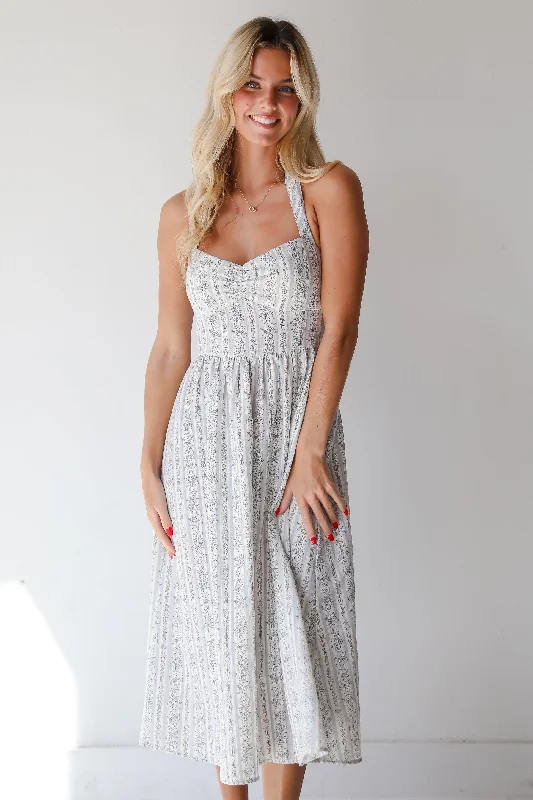 Midi dresses with off - the - shoulder necklines for a flirty look FINAL SALE - Breezy Composure Blue Striped Floral Halter Midi Dress Midi dresses with off - the - shoulder necklines for a flirty look FINAL SALE - Breezy Composure Blue Striped Floral Halter Midi Dress