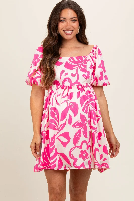 Maternity dress with empire waist for added comfort Fuchsia Floral Puff Sleeve Maternity Dress Maternity dress with empire waist for added comfort Fuchsia Floral Puff Sleeve Maternity Dress