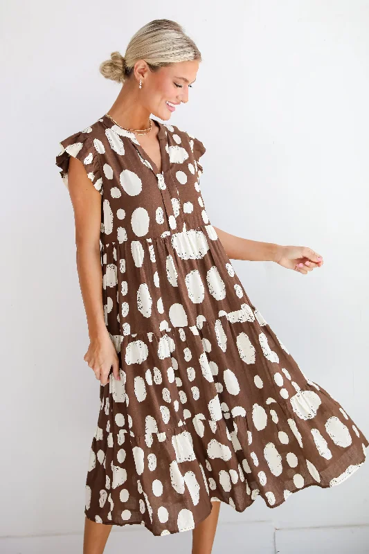 High - low midi dresses with geometric patterns for a modern party Simply Desirable Brown Dotted Tiered Midi Dress High - low midi dresses with geometric patterns for a modern party Simply Desirable Brown Dotted Tiered Midi Dress