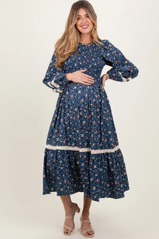Maternity dress for a baby's first visit to the wildlife sanctuary Blue Smocked Floral Crochet Lace Trim Maternity Maxi Dress Maternity dress for a baby's first visit to the wildlife sanctuary Blue Smocked Floral Crochet Lace Trim Maternity Maxi Dress