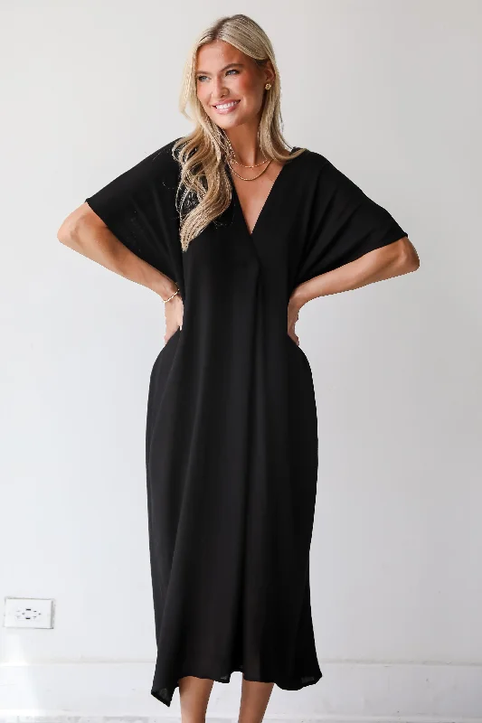 Midi dresses with printed lining for a hidden and stylish detail Boardwalk Sunsets Black Midi Dress - DU DEAL Midi dresses with printed lining for a hidden and stylish detail Boardwalk Sunsets Black Midi Dress - DU DEAL