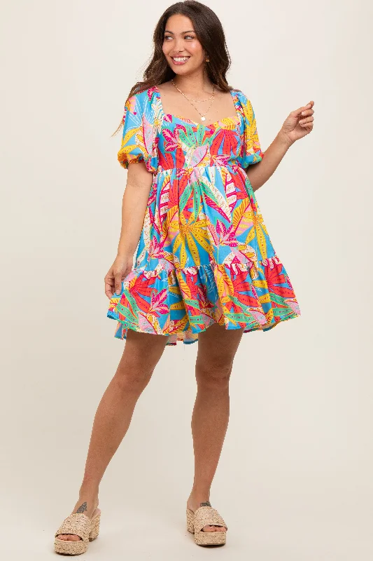 Maternity dress for a baby's first visit to the museum Blue Multicolor Print Puff Sleeve Maternity Dress Maternity dress for a baby's first visit to the museum Blue Multicolor Print Puff Sleeve Maternity Dress