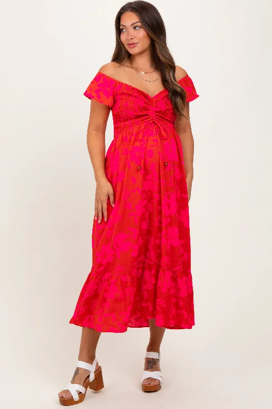 Maternity dress for a baby's first visit to the farm Red Multi Smocked Top Maternity Maxi Dress Maternity dress for a baby's first visit to the farm Red Multi Smocked Top Maternity Maxi Dress