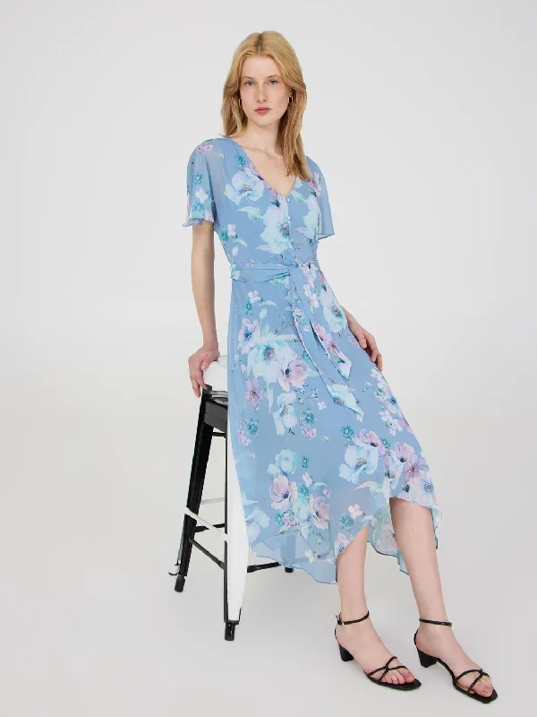 Floral Print Chiffon Handkerchief Hem Dress