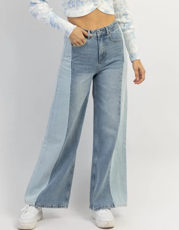 women tights for dance classes like ballet and jazzLilana Colorblock Wide Leg Jean In Blue women tights for dance classes like ballet and jazzLilana Colorblock Wide Leg Jean In Blue