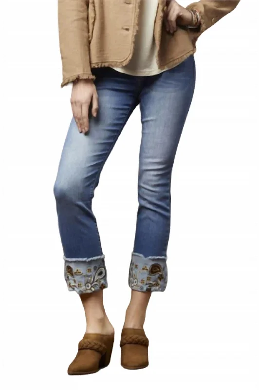 Stretch women jeans for enhanced mobility and comfortOmg Straight Embroidered Bottom Jeans In Medium Denim Stretch women jeans for enhanced mobility and comfortOmg Straight Embroidered Bottom Jeans In Medium Denim