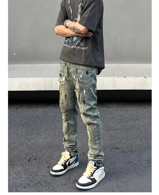 Wide - leg women jeans for a modern and relaxed vibeSlim Blue Scratched Ripped Jeans Wide - leg women jeans for a modern and relaxed vibeSlim Blue Scratched Ripped Jeans
