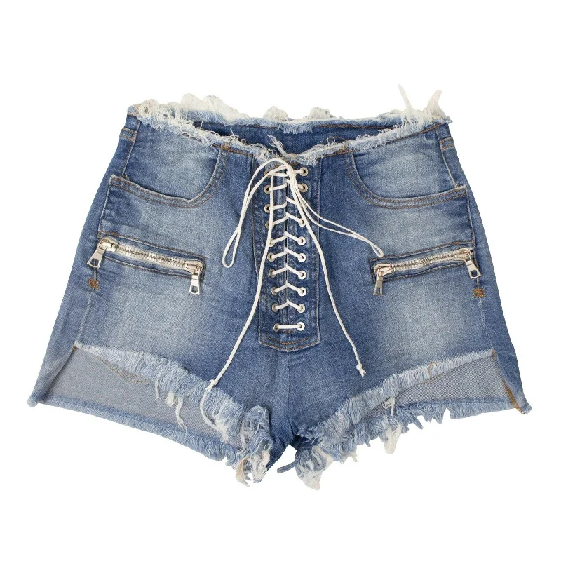 women tights with a geometric print for a modern touchUnravel Project Denim Lace-Up Shorts - Denim women tights with a geometric print for a modern touchUnravel Project Denim Lace-Up Shorts - Denim
