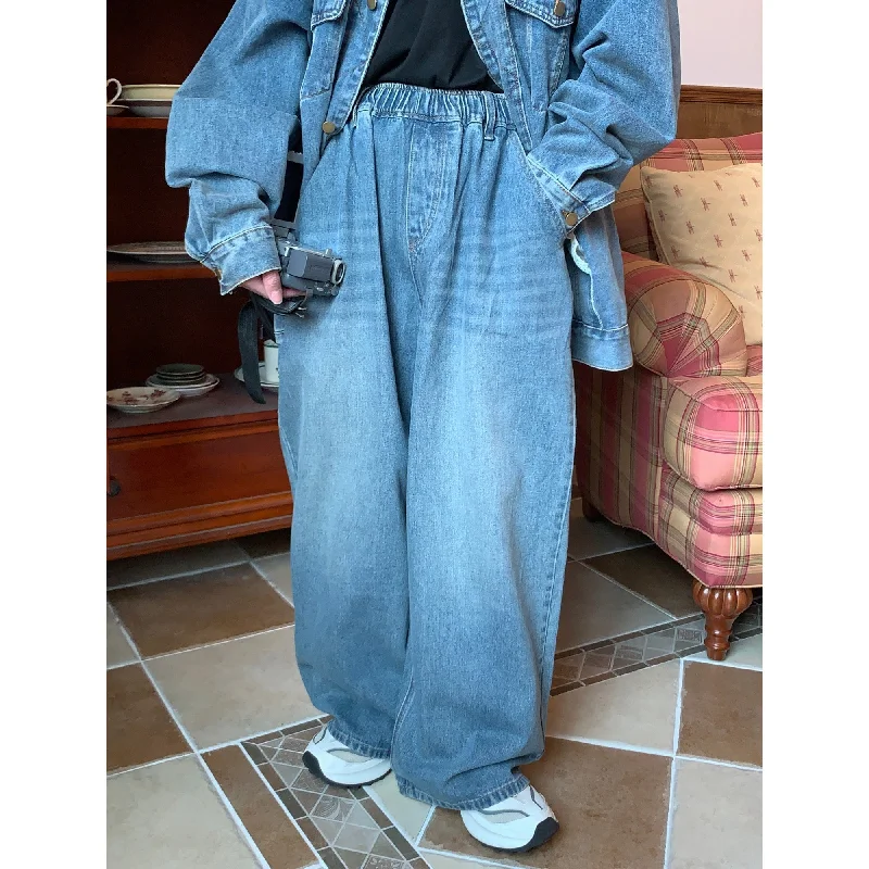 Embellished women jeans with studs or rhinestones for a glamorous touchWashed Elastic Waist Wide-Leg Jeans Embellished women jeans with studs or rhinestones for a glamorous touchWashed Elastic Waist Wide-Leg Jeans