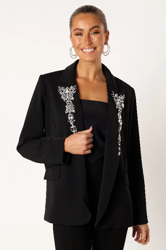 Women's Peplum Blazers in Emerald Green for a Stylish Work AttireAubree Embellished Blazer - Black Women's Peplum Blazers in Emerald Green for a Stylish Work AttireAubree Embellished Blazer - Black