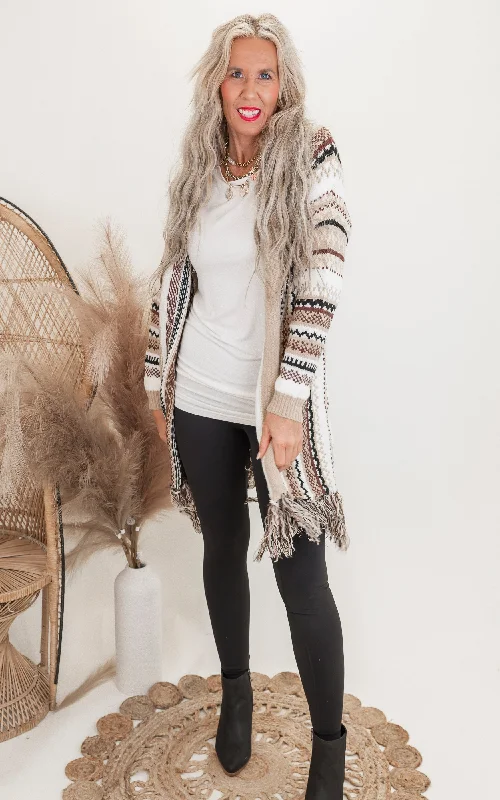 floral print women cardigan for a feminine touchBeige Khaki Bohemian Tribal Stripe Cardigan w/ Fringe floral print women cardigan for a feminine touchBeige Khaki Bohemian Tribal Stripe Cardigan w/ Fringe