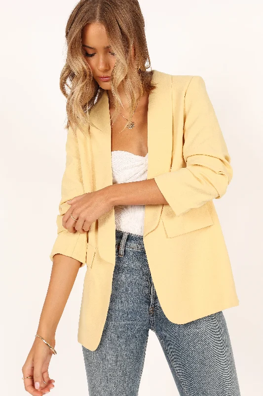 Plus Size Women's Ruffled Blazers in Pink for a Girly and Fashionable LookBeth Open Front Slouch Sleeve Blazer - Butter Yellow Plus Size Women's Ruffled Blazers in Pink for a Girly and Fashionable LookBeth Open Front Slouch Sleeve Blazer - Butter Yellow