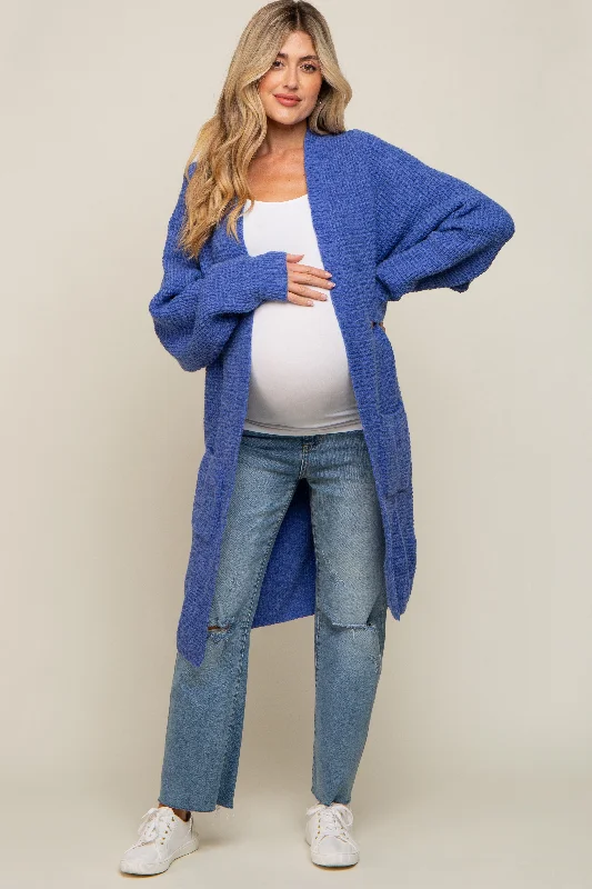 cropped women cardigan to pair with high - waisted jeansBlue Chunky Waffle Knit Maternity Cardigan cropped women cardigan to pair with high - waisted jeansBlue Chunky Waffle Knit Maternity Cardigan