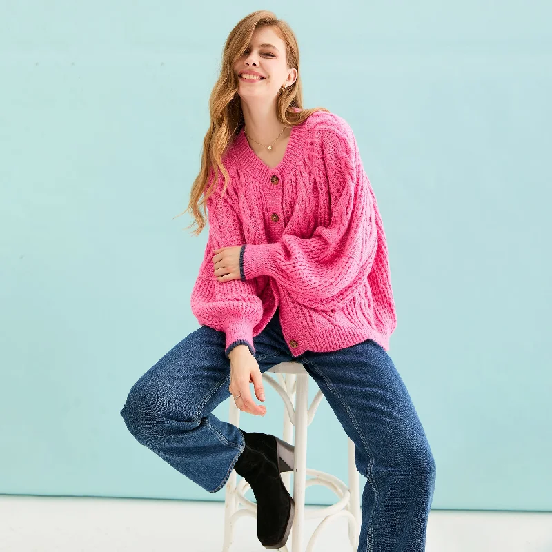 ribbed women cardigan with a classic textureBrigit Heart Stitch Oversized Balloon Sleeve Cardigan - Pink ribbed women cardigan with a classic textureBrigit Heart Stitch Oversized Balloon Sleeve Cardigan - Pink