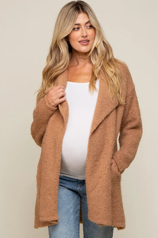 open front women cardigan for easy stylingCamel Fuzzy Knit Draped Maternity Cardigan open front women cardigan for easy stylingCamel Fuzzy Knit Draped Maternity Cardigan
