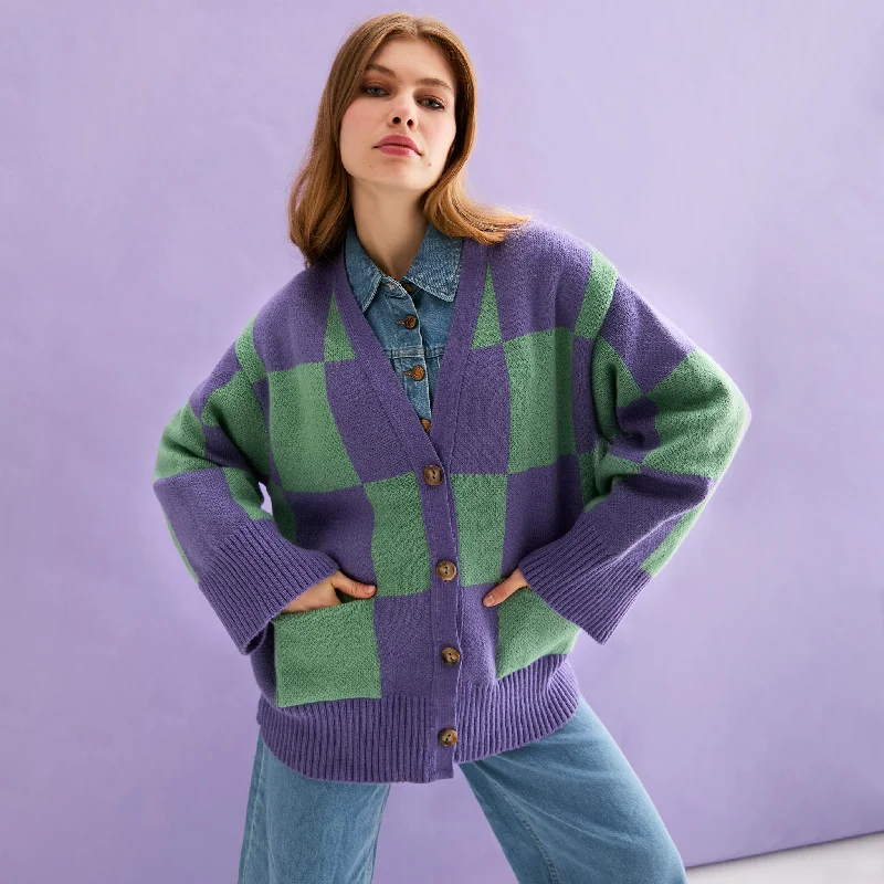 v neck women cardigan to elongate the necklineCandice Checked Cardigan with Wide Sleeves - Purple & Green v neck women cardigan to elongate the necklineCandice Checked Cardigan with Wide Sleeves - Purple & Green