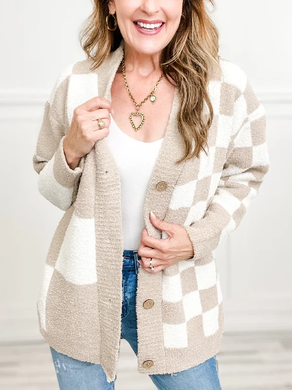 hooded women cardigan for added warmth and styleCheckered Pattern Luxury Soft Cardigan with Button Closure hooded women cardigan for added warmth and styleCheckered Pattern Luxury Soft Cardigan with Button Closure