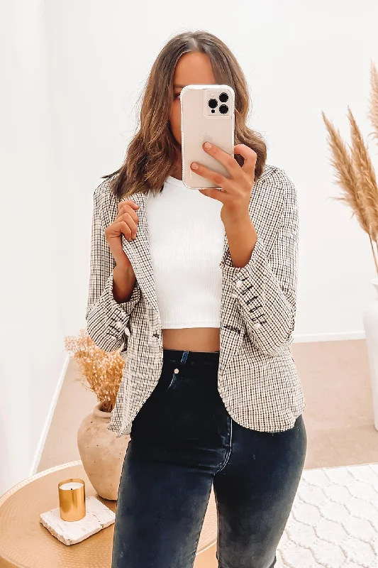 Plus Size Women's Ruffled Blazers in Pink for a Girly and Fashionable LookHayden Blazer Sand Check Plus Size Women's Ruffled Blazers in Pink for a Girly and Fashionable LookHayden Blazer Sand Check