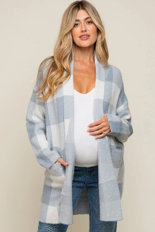 cashmere blend women cardigan for a luxurious feelLight Blue Plaid Shawl Maternity Cardigan cashmere blend women cardigan for a luxurious feelLight Blue Plaid Shawl Maternity Cardigan