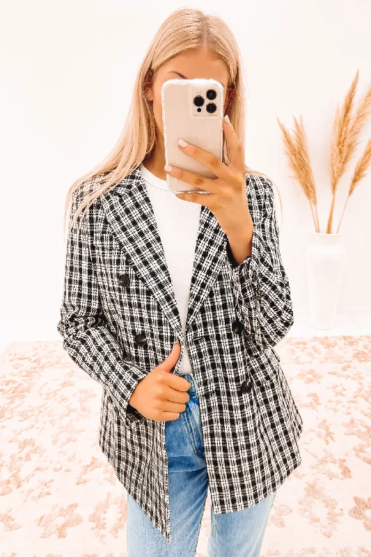 Women's Longline Linen Blazers in Pastel Colors for Summer EventsMadilyn Blazer Black Check Women's Longline Linen Blazers in Pastel Colors for Summer EventsMadilyn Blazer Black Check