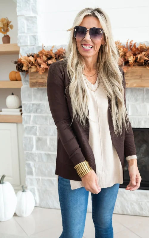 ribbed women cardigan with a classic textureOur Favorite Boyfriend Cardigan - Brown - Final Sale ribbed women cardigan with a classic textureOur Favorite Boyfriend Cardigan - Brown - Final Sale