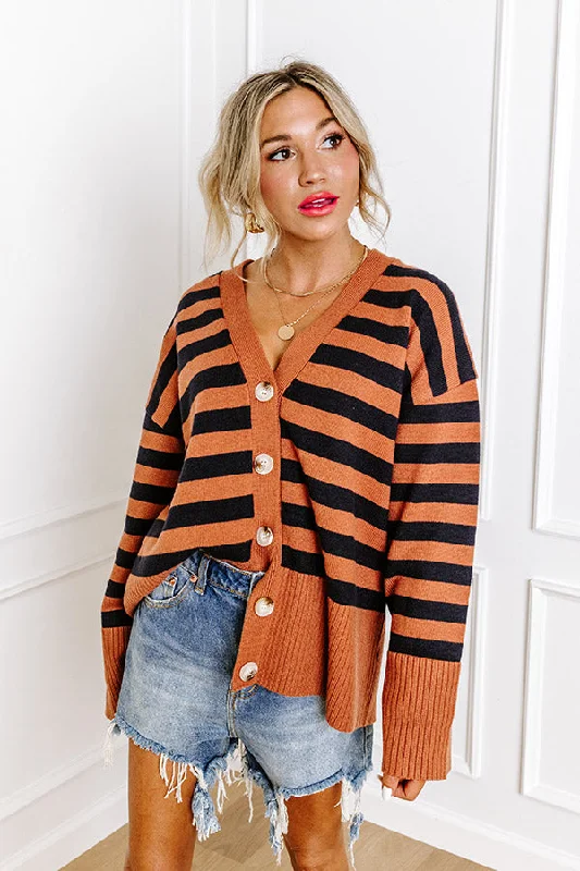 hand knitted women cardigan with artisanal charmPromising Smile Stripe Cardigan In Cinnamon hand knitted women cardigan with artisanal charmPromising Smile Stripe Cardigan In Cinnamon