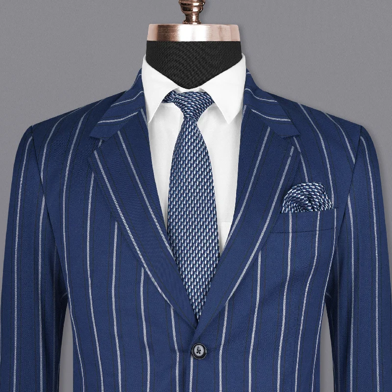 Single - Breasted Women's Linen Blend Blazers in Earth Tones for Casual WearRhino Blue Striped Wool Rich Blazer Single - Breasted Women's Linen Blend Blazers in Earth Tones for Casual WearRhino Blue Striped Wool Rich Blazer