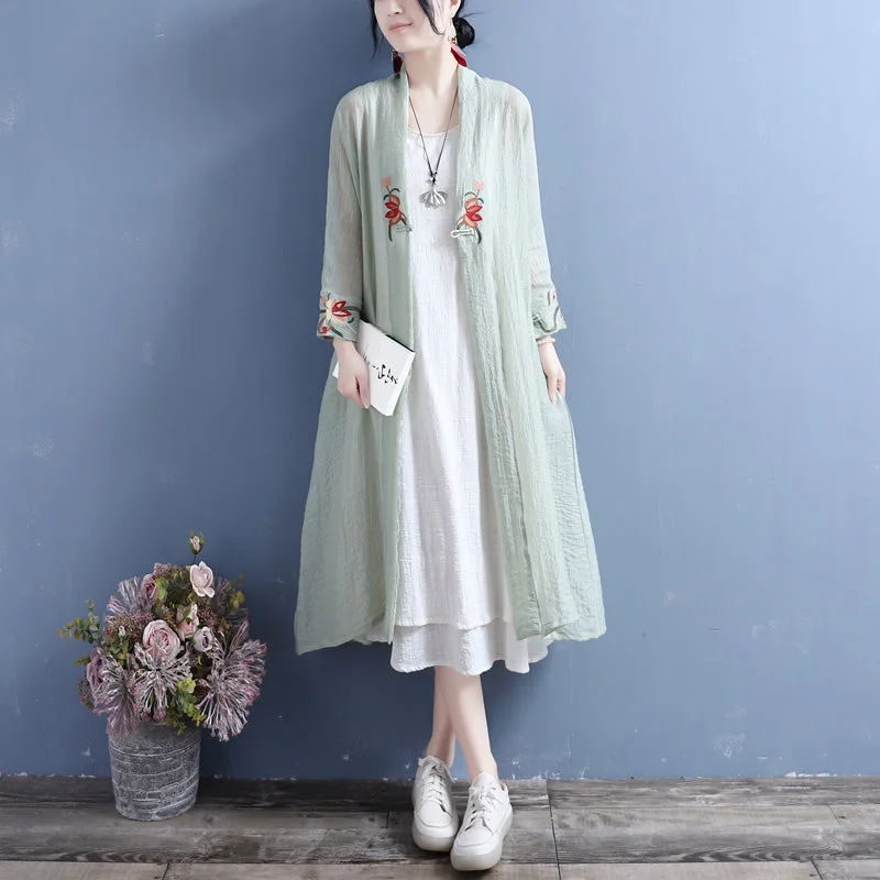 cropped women cardigan to pair with high - waisted jeansSummer Cotton Linen Floral Open Front Long Cardigan cropped women cardigan to pair with high - waisted jeansSummer Cotton Linen Floral Open Front Long Cardigan