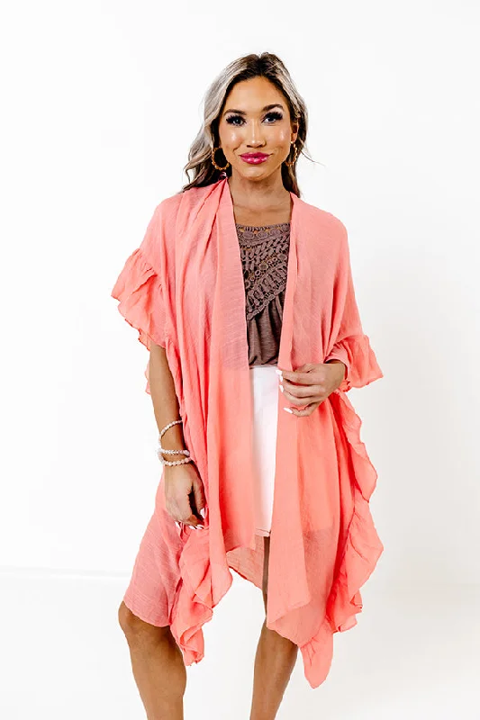 plus size women cardigan for comfortable layeringSummer Rhythm Ruffle Overlay In Coral plus size women cardigan for comfortable layeringSummer Rhythm Ruffle Overlay In Coral