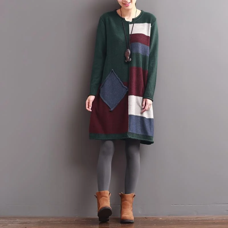 Plus Size Women's Fringe - Trimmed Sweater in Beige for a Boho - Inspired Stylewinter blackish green patchwork knit dresses long sweaters Plus Size Women's Fringe - Trimmed Sweater in Beige for a Boho - Inspired Stylewinter blackish green patchwork knit dresses long sweaters