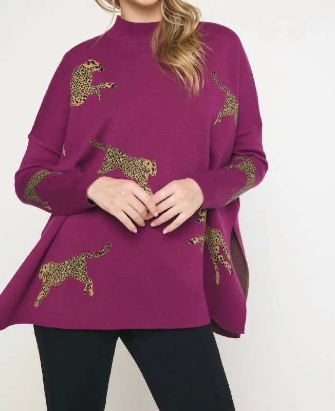 Longline Women's Mohair Sweater Dresses in a Loose FitAnnie Cheetah Print Mock Neck Long Sleeve Sweater Top In Plum Longline Women's Mohair Sweater Dresses in a Loose FitAnnie Cheetah Print Mock Neck Long Sleeve Sweater Top In Plum