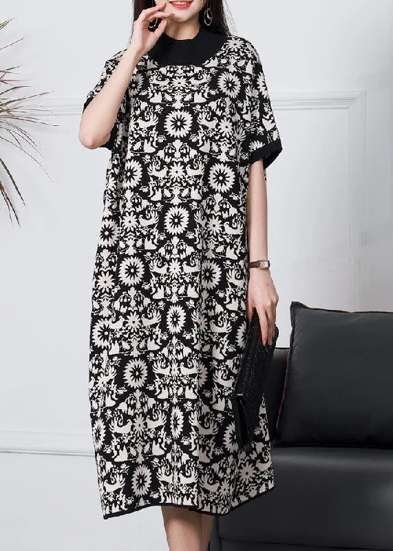 Plus Size Women's Fringe - Trimmed Sweater in Beige for a Boho - Inspired StyleBlack Patchwork Print Knit Dress Stand Collar Short Sleeve Plus Size Women's Fringe - Trimmed Sweater in Beige for a Boho - Inspired StyleBlack Patchwork Print Knit Dress Stand Collar Short Sleeve