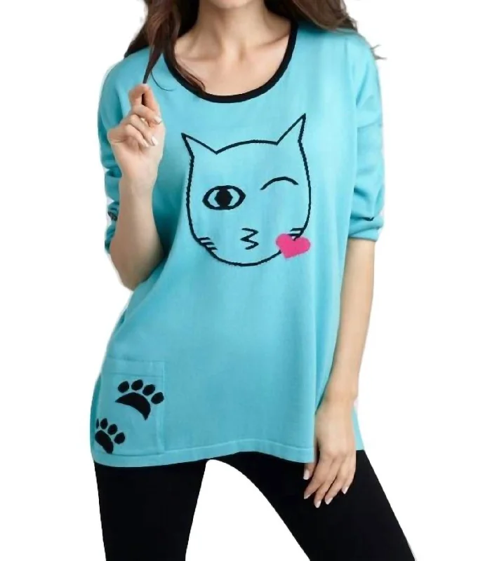 Sleeveless Women's Silk Blend Sweater Dresses for a Sophisticated LookCat Kiss Graphic Sweater In Turquoise/black Sleeveless Women's Silk Blend Sweater Dresses for a Sophisticated LookCat Kiss Graphic Sweater In Turquoise/black
