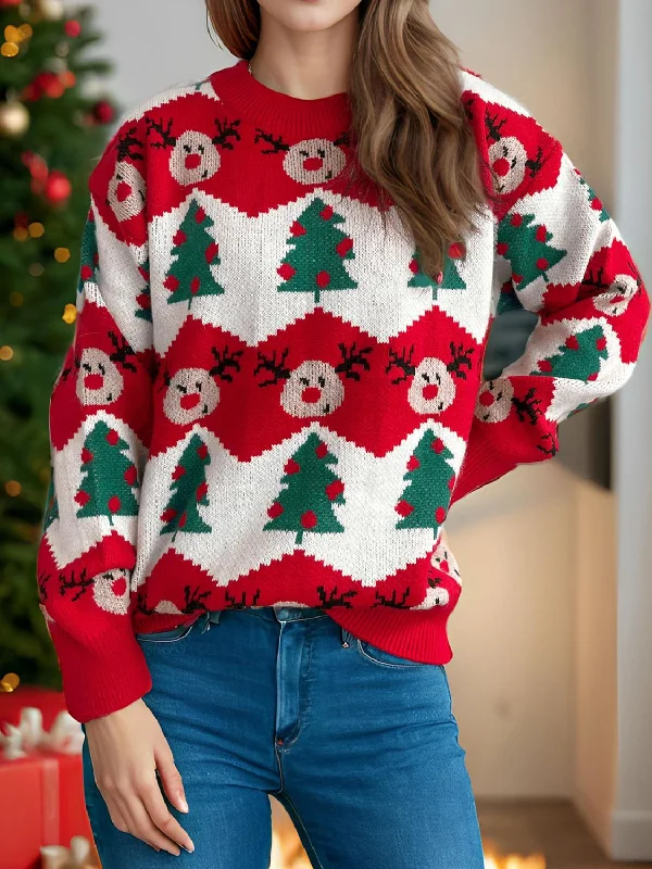 Plus Size Women's V - Neck Long - Sleeve Ribbed Cotton Sweater in Navy for a Classic StyleChristmas Element Round Neck Long Sleeve Sweater Plus Size Women's V - Neck Long - Sleeve Ribbed Cotton Sweater in Navy for a Classic StyleChristmas Element Round Neck Long Sleeve Sweater