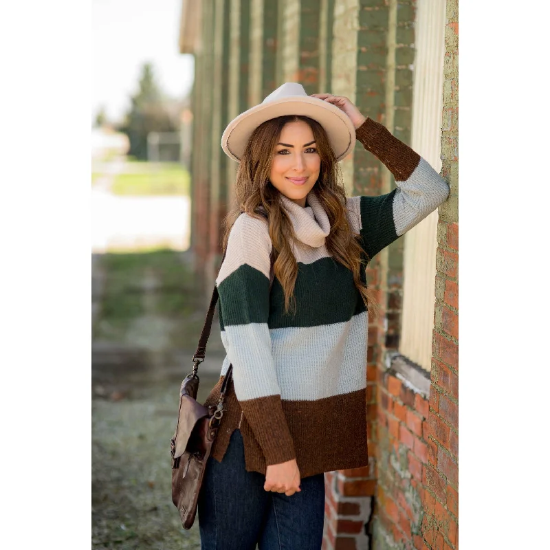 Plus Size Women's Mock - Neck Sweater in Teal with a Side Slit for a Modern TwistColor Block Side Slit Cowl Neck Sweater Plus Size Women's Mock - Neck Sweater in Teal with a Side Slit for a Modern TwistColor Block Side Slit Cowl Neck Sweater