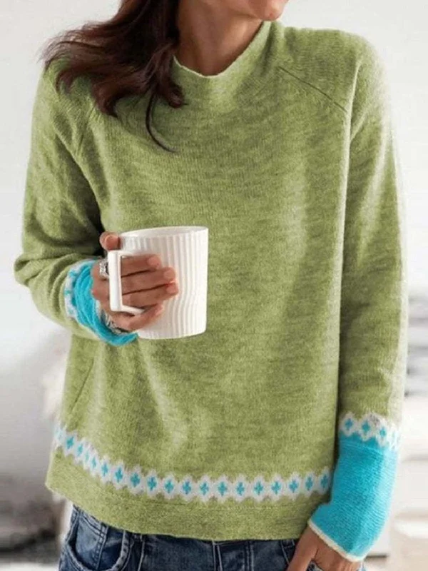 Plus Size Women's Pocket - Detail Sweater in Olive Green for a Practical and Fashionable PieceContrast Round Neck Long Sleeve Sweater Plus Size Women's Pocket - Detail Sweater in Olive Green for a Practical and Fashionable PieceContrast Round Neck Long Sleeve Sweater