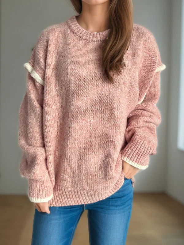 Women's Fuzzy Mohair - Blend Sweater in Light Pink for a Soft and Cozy FeelContrast Trim Round Neck Dropped Shoulder Sweater Women's Fuzzy Mohair - Blend Sweater in Light Pink for a Soft and Cozy FeelContrast Trim Round Neck Dropped Shoulder Sweater