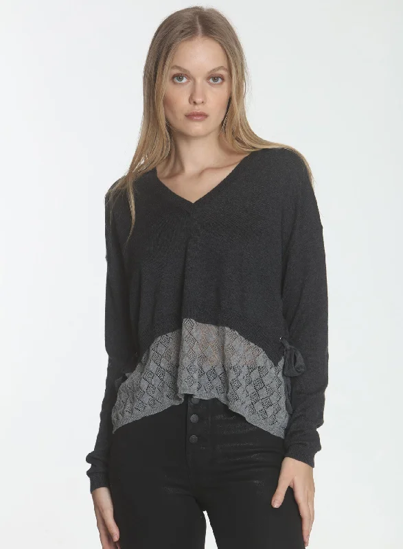 Women's Sheer Lace - Trimmed Sweater in Cream for a Delicate and Elegant AppearanceAmber Lace Vee - Charcoal Women's Sheer Lace - Trimmed Sweater in Cream for a Delicate and Elegant AppearanceAmber Lace Vee - Charcoal