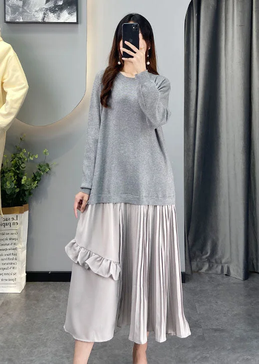 Women's Longline Boyfriend - Style Sweater in Gray for a Relaxed and Casual Outfitdiy Grey Ruffled Patchwork Knit Dresses Winter Women's Longline Boyfriend - Style Sweater in Gray for a Relaxed and Casual Outfitdiy Grey Ruffled Patchwork Knit Dresses Winter