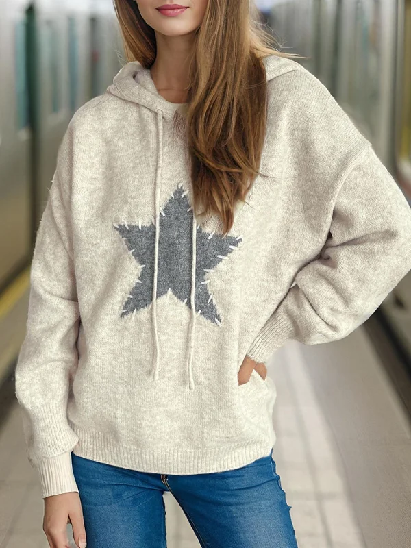 Women's Cable - Knit Sweater Dress in Brown for a Stylish and Comfortable One - Piece OptionDrawstring Star Long Sleeve Hooded Sweater Women's Cable - Knit Sweater Dress in Brown for a Stylish and Comfortable One - Piece OptionDrawstring Star Long Sleeve Hooded Sweater
