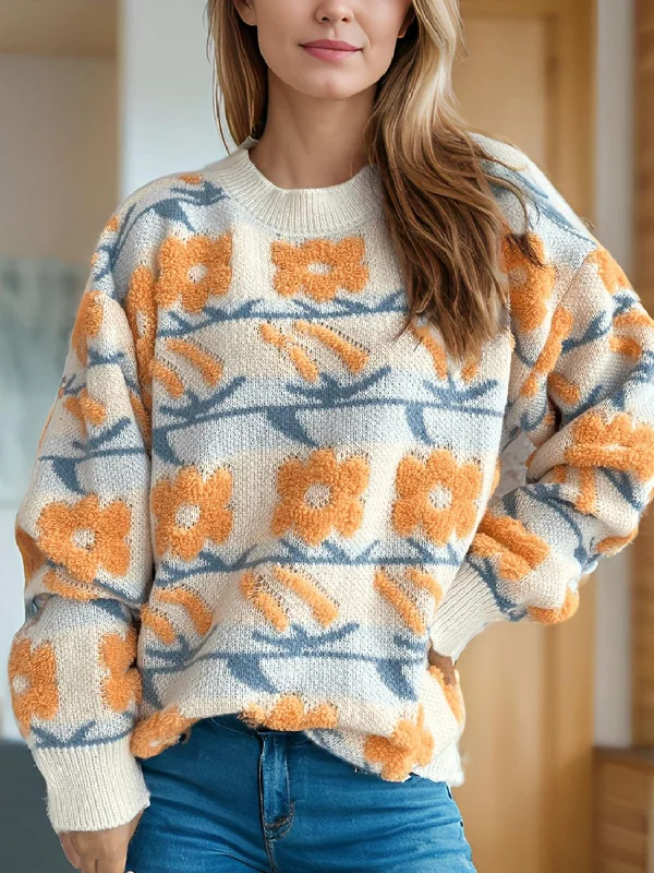Plus Size Women's Striped Cotton - Blend Sweater in Navy and White for a Nautical ThemeFlower Contrast Round Neck Long Sleeve Sweater Plus Size Women's Striped Cotton - Blend Sweater in Navy and White for a Nautical ThemeFlower Contrast Round Neck Long Sleeve Sweater