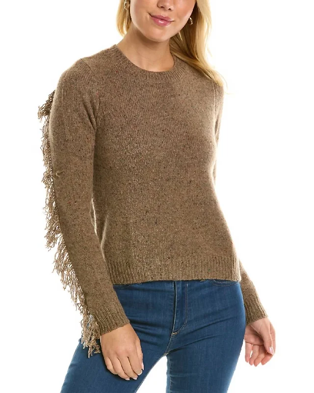 Plus Size Women's Turtleneck Sweater Dresses with Side SlitsFringed Crew Sweater In Brownie Plus Size Women's Turtleneck Sweater Dresses with Side SlitsFringed Crew Sweater In Brownie