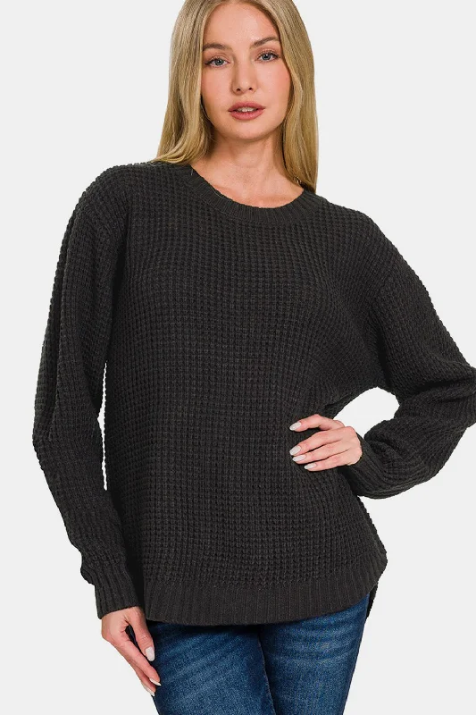 Women's Cropped Cable - Knit Merino Wool Sweater in Beige for a Trendy Fall OutfitHigh Low Long Sleeve Waffle Sweater Women's Cropped Cable - Knit Merino Wool Sweater in Beige for a Trendy Fall OutfitHigh Low Long Sleeve Waffle Sweater