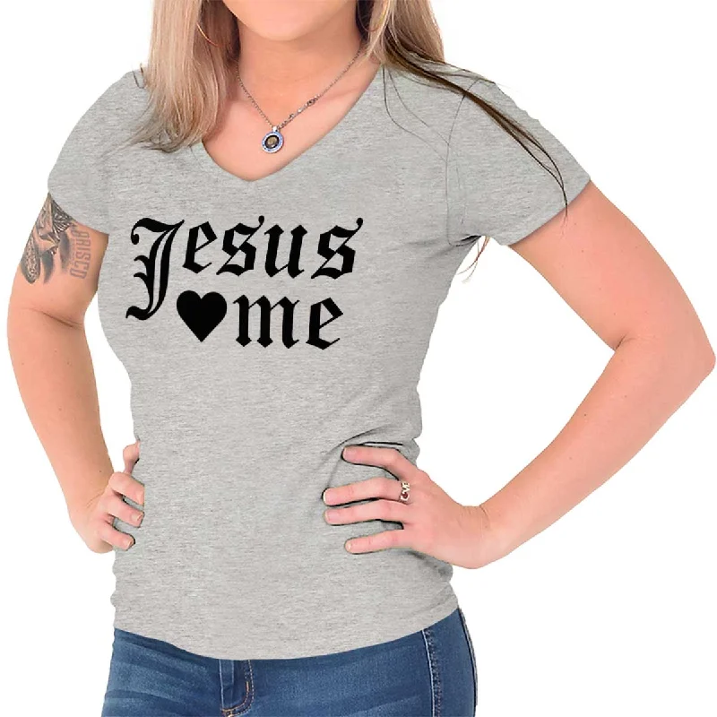 Ringer T Shirt Women with Retro - Inspired StripesJesus Hearts Me Junior Fit V-Neck T-Shirt Ringer T Shirt Women with Retro - Inspired StripesJesus Hearts Me Junior Fit V-Neck T-Shirt