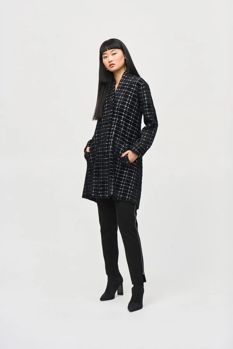 Plus Size Women's Fringe - Trimmed Sweater in Beige for a Boho - Inspired StyleJoseph Ribkoff Black/White Plaid Feather Yarn Sweater Coat Plus Size Women's Fringe - Trimmed Sweater in Beige for a Boho - Inspired StyleJoseph Ribkoff Black/White Plaid Feather Yarn Sweater Coat