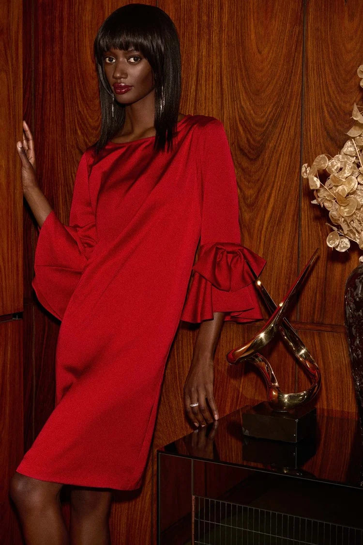 Women's Sequined Trimmed Sweater in Gold for a Glamorous Party LookJoseph Ribkoff Red Satin Ruffle Sleeve Straight Dress Women's Sequined Trimmed Sweater in Gold for a Glamorous Party LookJoseph Ribkoff Red Satin Ruffle Sleeve Straight Dress
